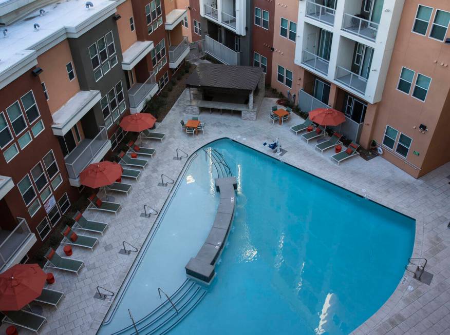 The pool are as seen from the 5th floor at Jade, a luxury apartment complex that recently sold, ...