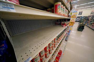 Shelves that held Chef Boyardee products are partially empty at a grocery in Pittsburgh, on Tue ...