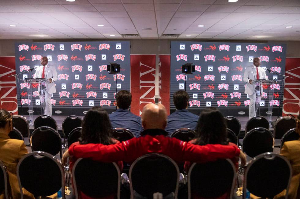 Erick Harper gives a speech during a press conference announcing him as the new UNLV director o ...