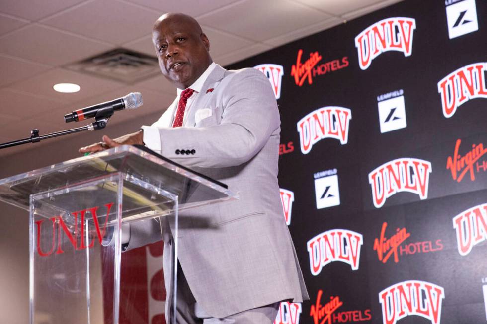 Erick Harper gives a speech during a press conference announcing him as the new UNLV director o ...