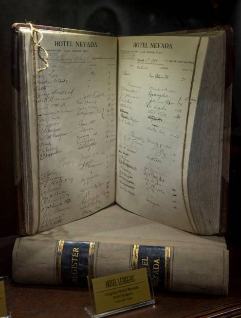 1907-1908 hotel ledgers on display in the lobby of the Golden Gate, then called the Hotel Nevad ...