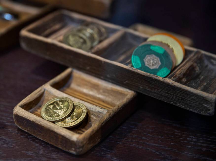 Old gambling chips on display in the lobby at the Golden Gate which is celebrating its 116th ye ...