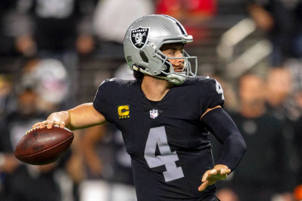 Raiders quarterback Derek Carr (4) throws the football during the first half of an NFL football ...