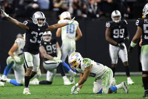 Raiders safety Roderic Teamer (33) reacts after an incomplete pass intended for Los Angeles Cha ...