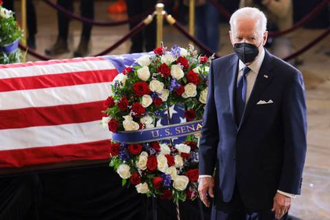 President Joe Biden arrives pay his respects to former Senate Majority Leader Harry Reid, D-Nev ...
