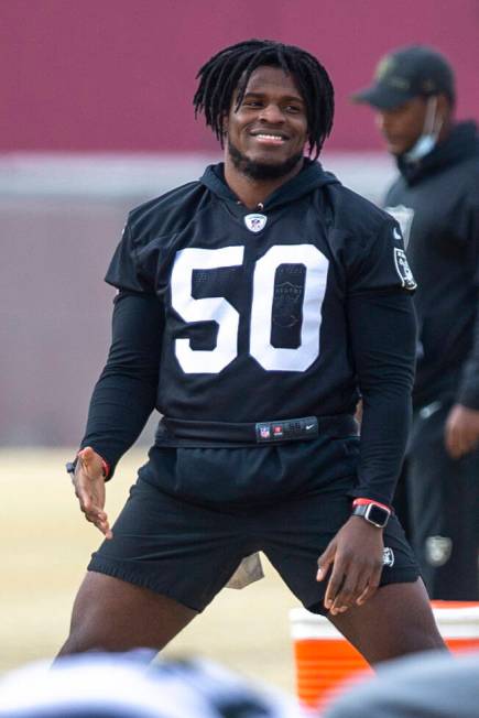 Raiders linebacker Nicholas Morrow (50) stretches during practice at Raiders headquarters at th ...