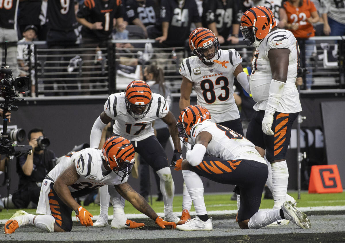 Cincinnati Bengals players celebrate a touchdown in the first half during an NFL football game ...