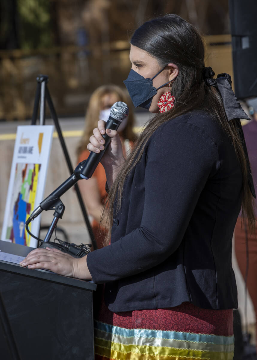 Taylor Patterson with the Native Voters Alliance of Nevada speaks about the bill to designate A ...