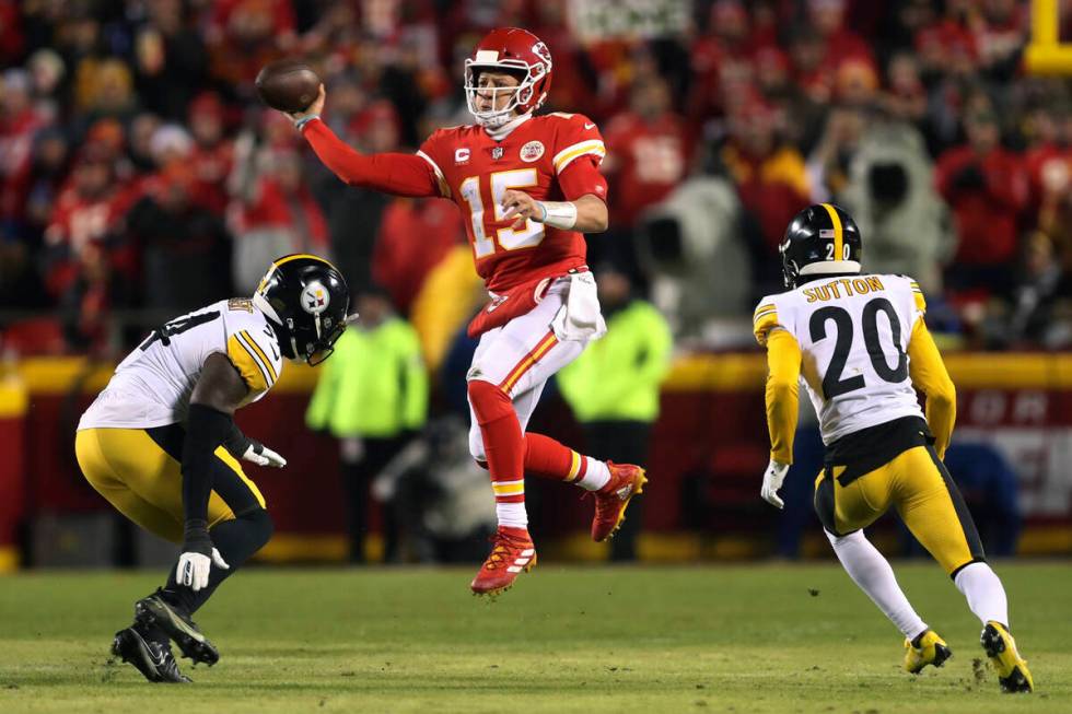 Kansas City Chiefs quarterback Patrick Mahomes (15) throws a pass during the first half of an N ...