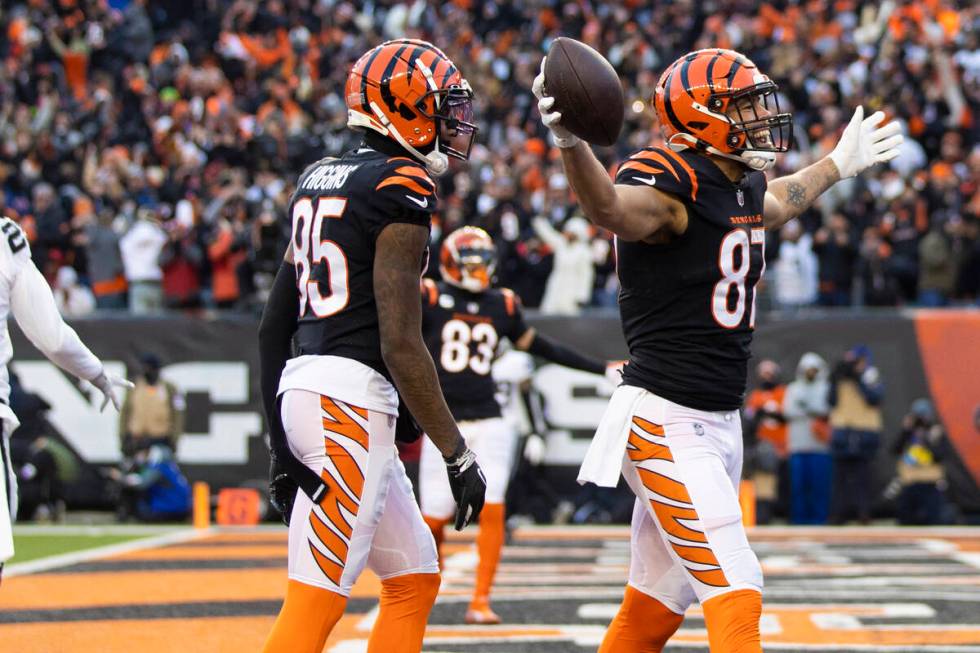 Cincinnati Bengals tight end C.J. Uzomah (87) celebrates with Cincinnati Bengals wide receiver ...