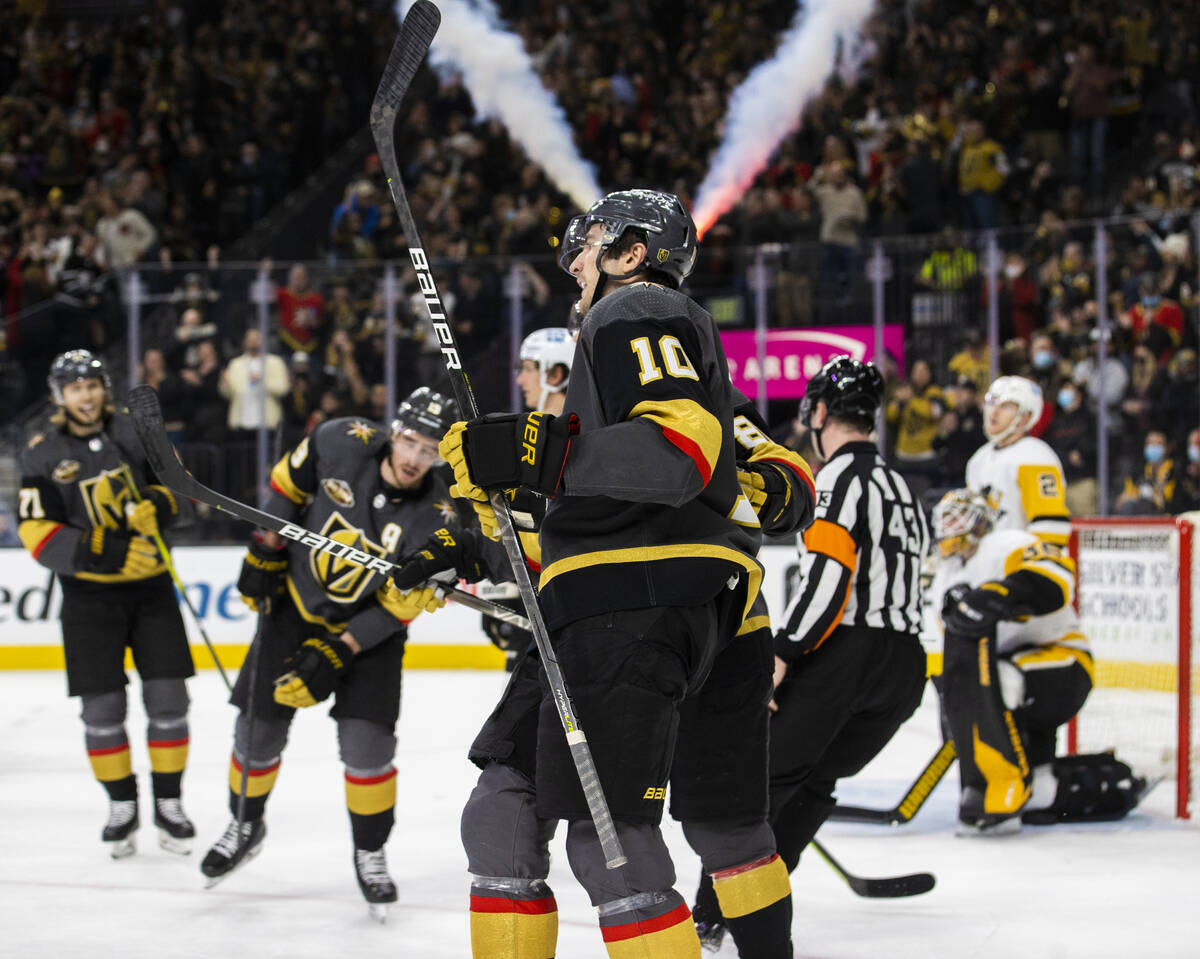 Golden Knights center Nicolas Roy (10) celebrates after scoring a first period goal during an N ...