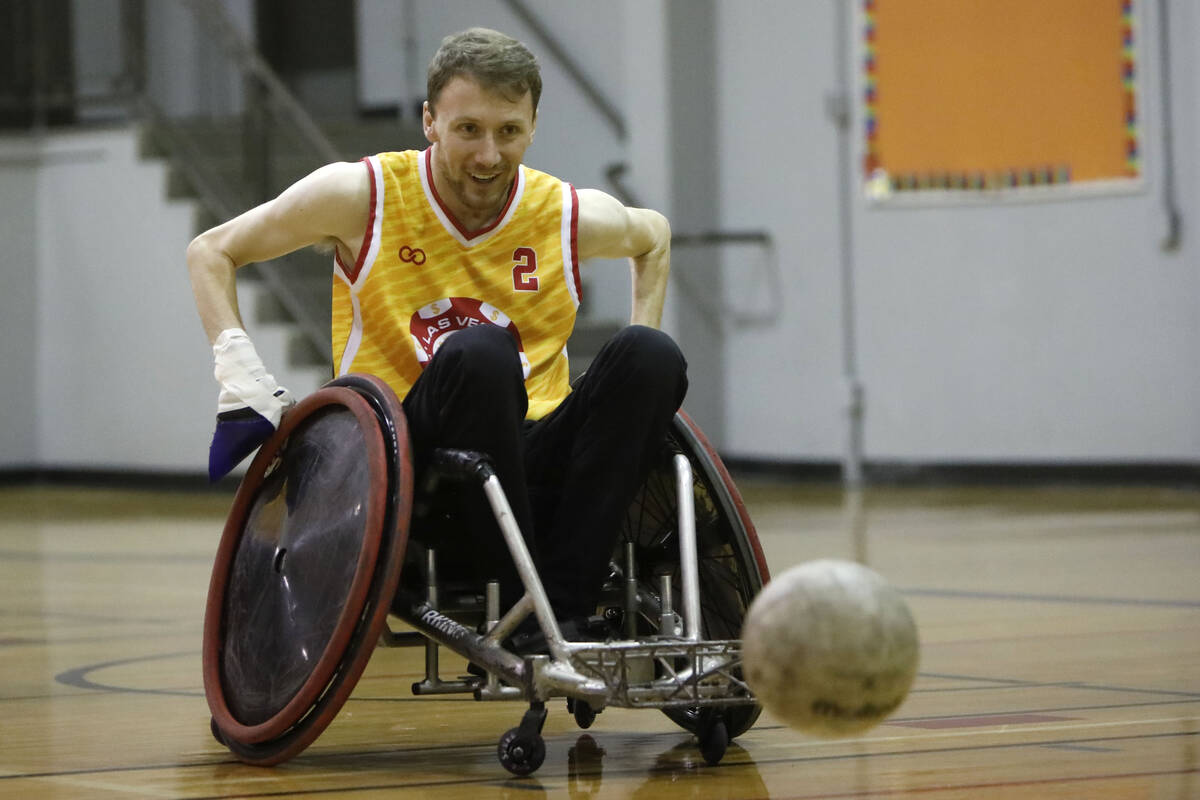 Bradley Boe, High Rollers rugby team founder and player, plays wheelchair rugby at Dula Gym dur ...