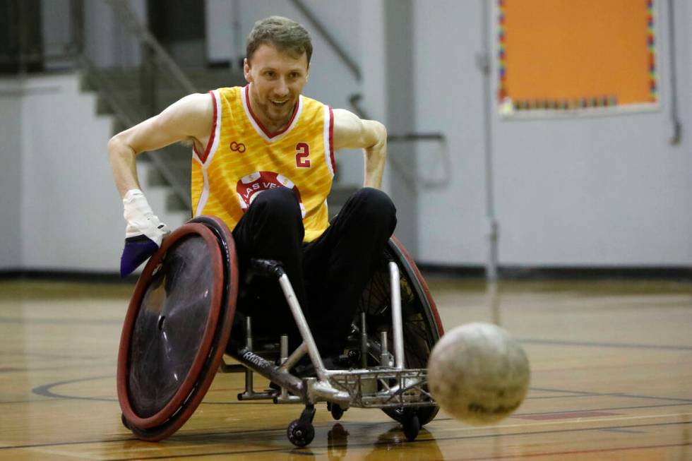 Bradley Boe, High Rollers rugby team founder and player, plays wheelchair rugby at Dula Gym dur ...