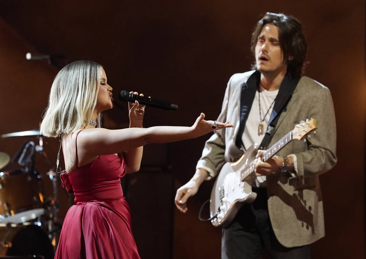 Maren Morris, left, and John Mayer perform "The Bones" at the 63rd Grammy Awards at t ...