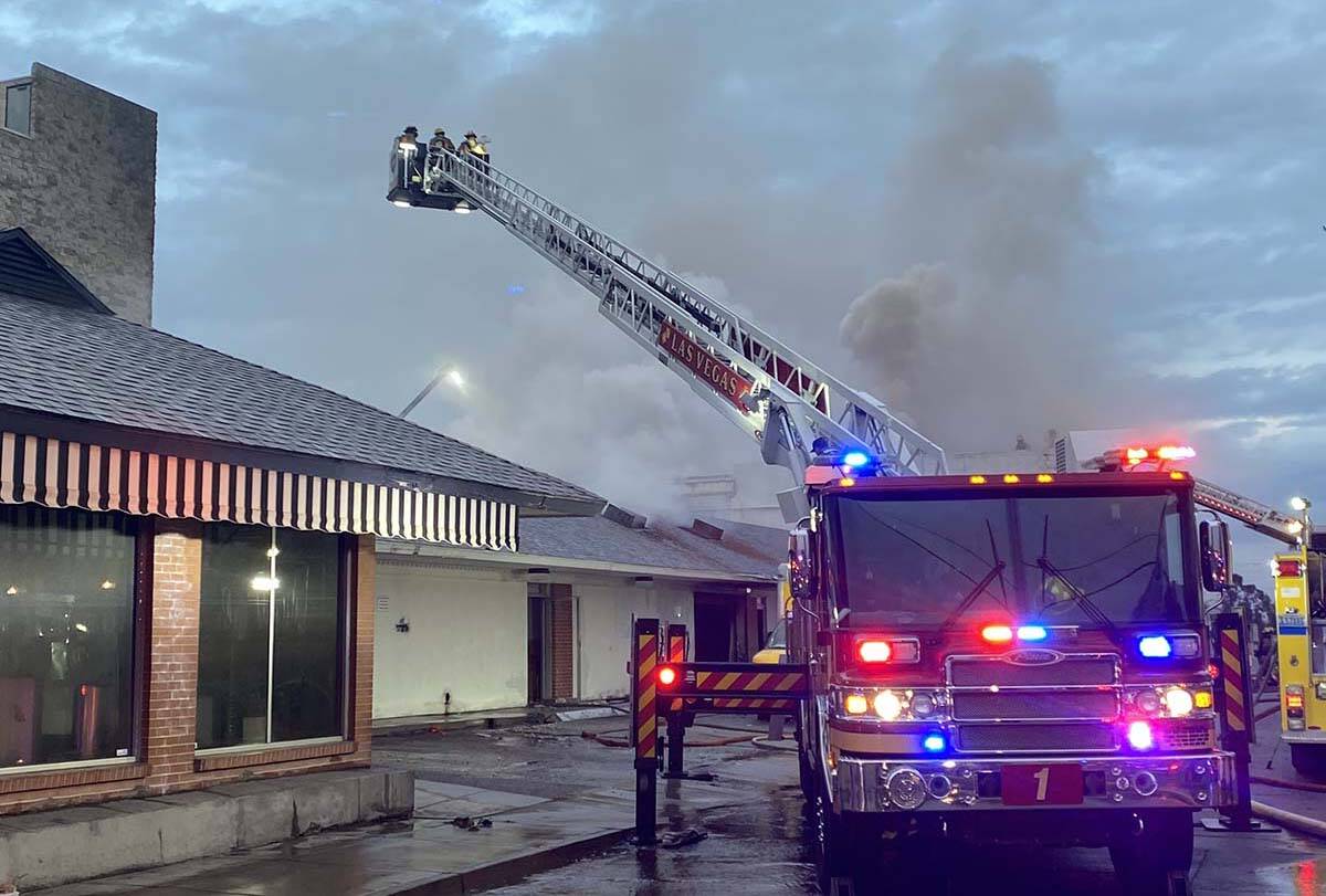 Las Vegas firefighters were battling a two-alarm blaze at Statewide Lighting Center on East Sah ...