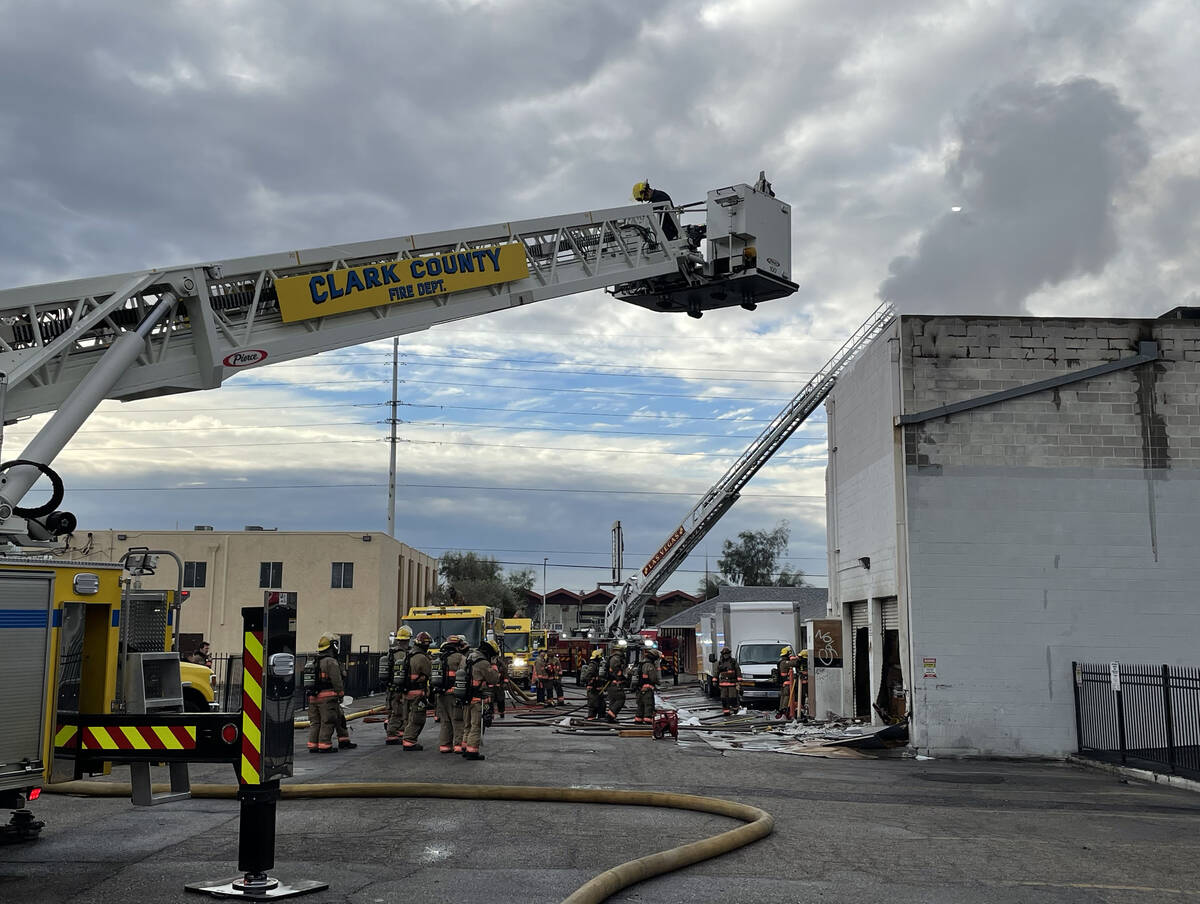 The Clark County and Las Vegas firefighters battled a large early morning fire at Statewide Lig ...