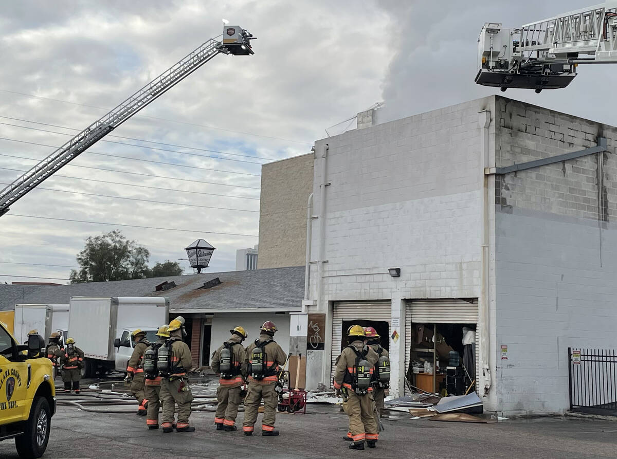 The Clark County and Las Vegas firefighters battled a large early morning fire at Statewide Lig ...