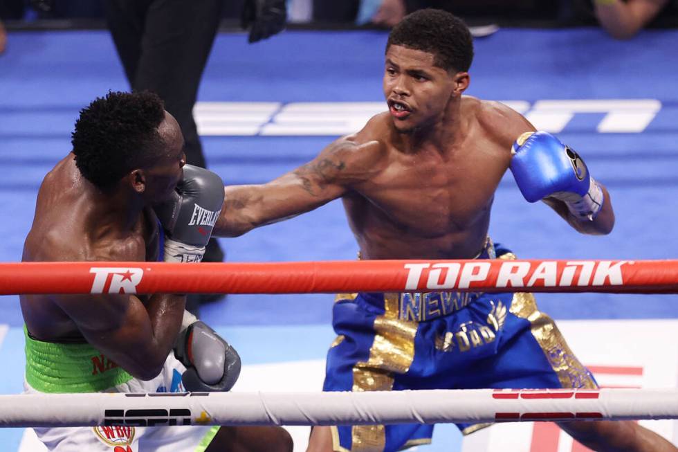 Shakur Stevenson, right, connects a punch against Jeremiah Nakathila in the 11th round of the W ...