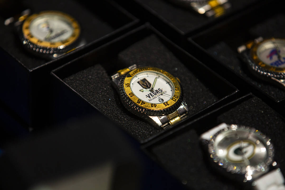 A Golden Knights watch is seen at the Game Time booth during the Sports Licensing & Tailgat ...