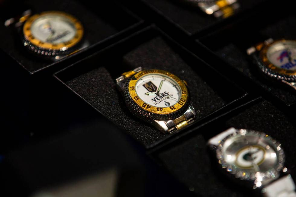 A Golden Knights watch is seen at the Game Time booth during the Sports Licensing & Tailgat ...