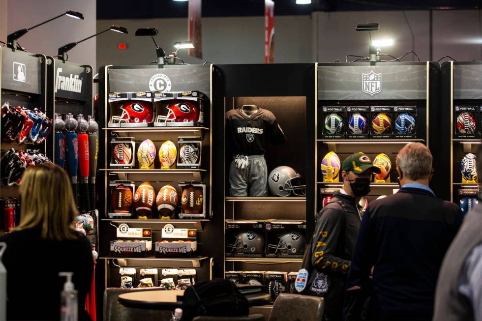 Themed apparel at the Franklin booth is seen during the Sports Licensing & Tailgate Show at ...