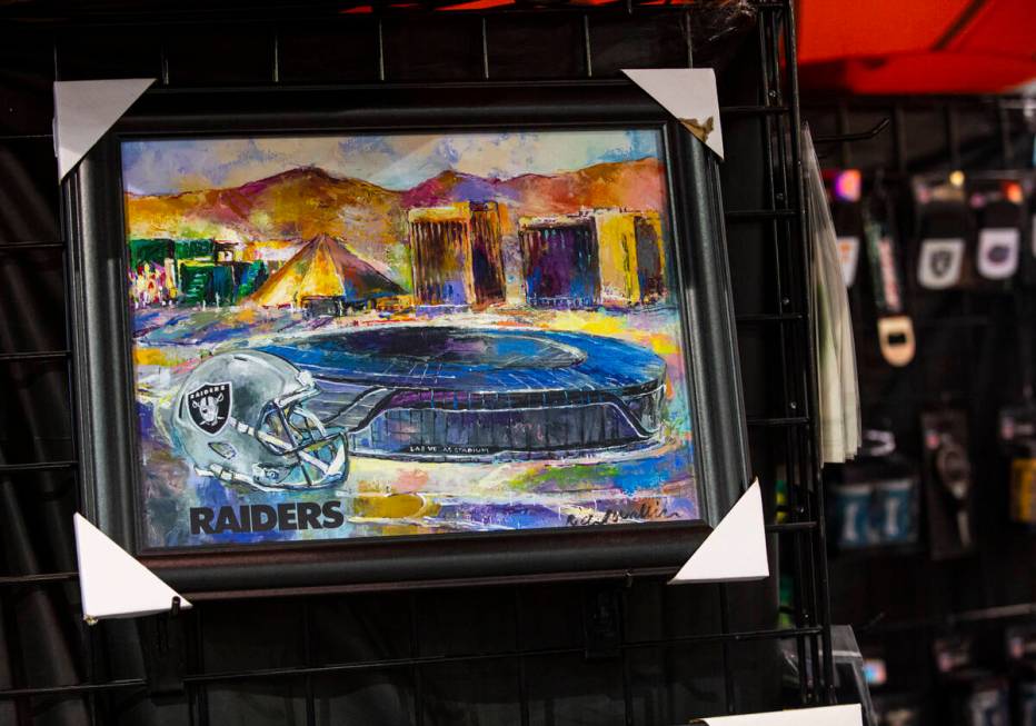 A painting of Allegiant Stadium is seen at the Siskiyou Sports booth during the Sports Licensin ...