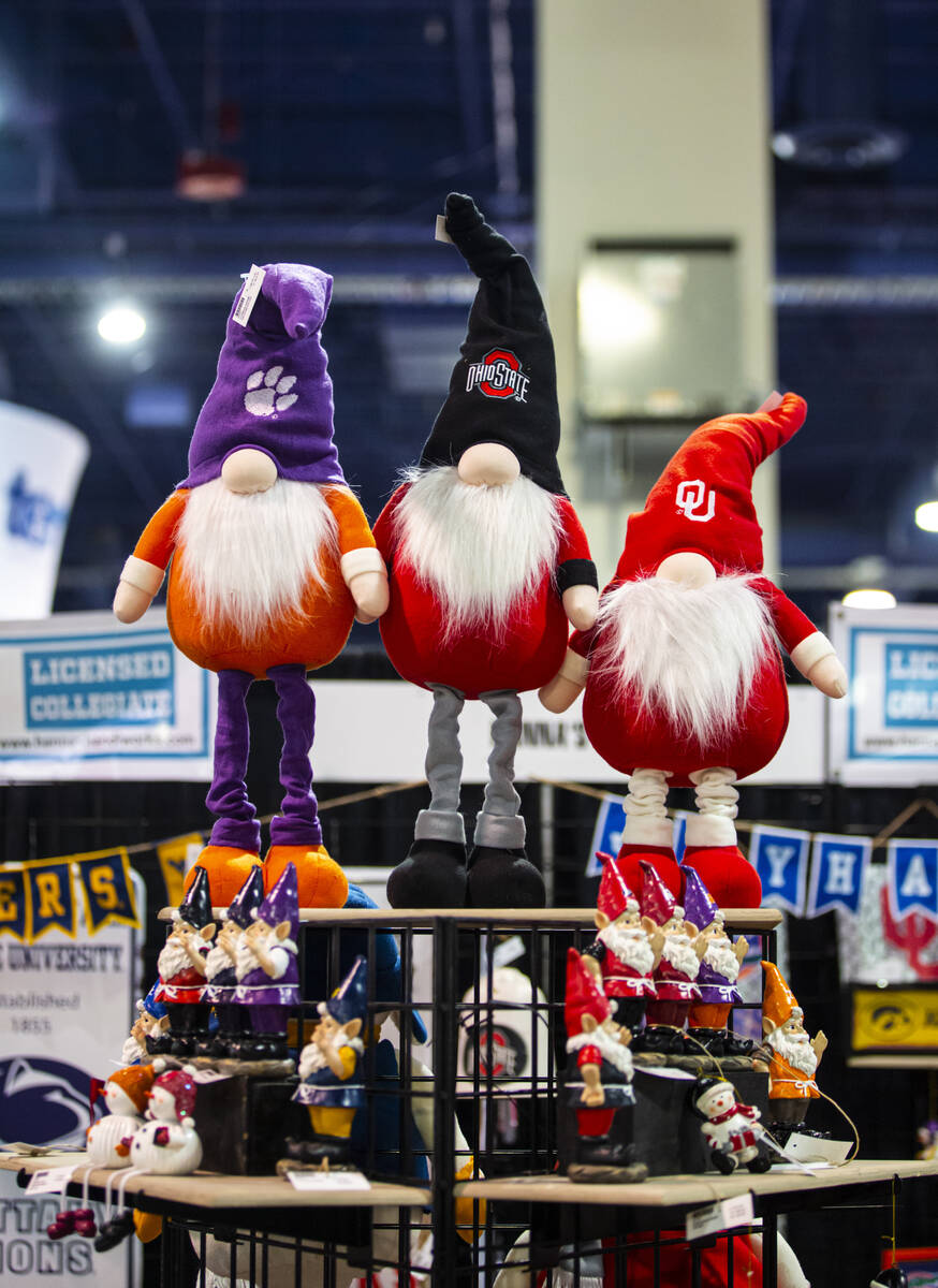 Gnomes by Hanna’s Handiwork are seen during the Sports Licensing & Tailgate Show at ...