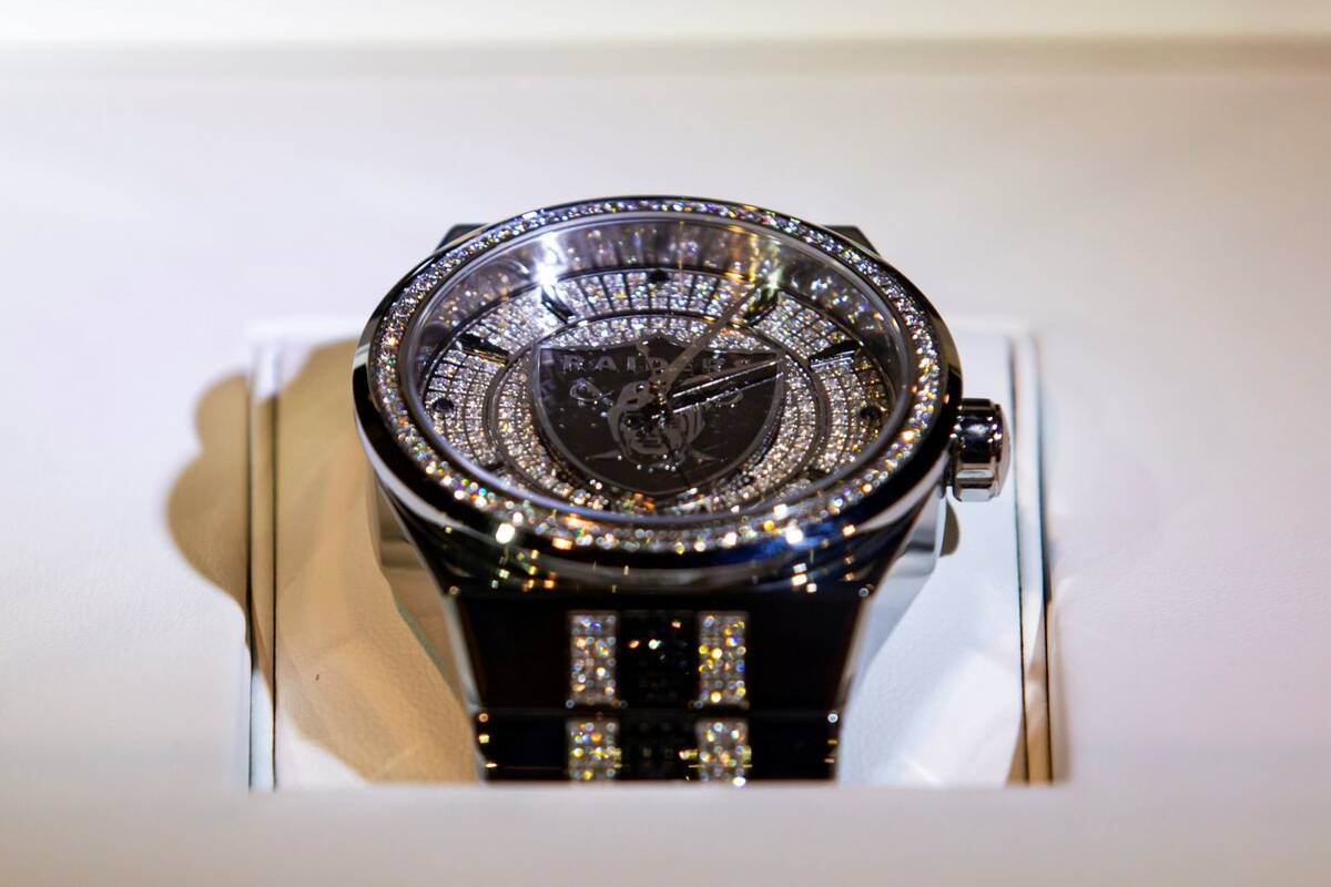 A Raiders watch with over 800 diamonds, valued at over $30,000, is seen at the Game Time booth ...
