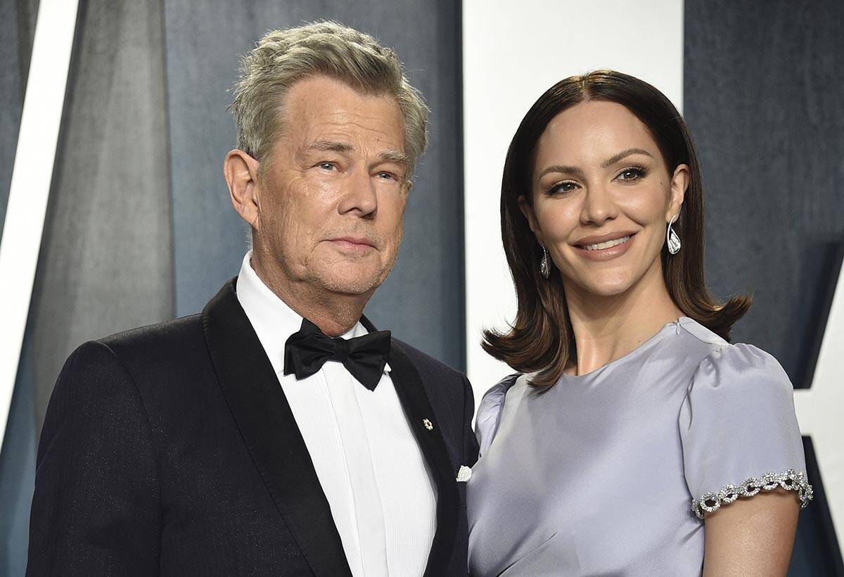 David Foster, left, and Katharine McPhee arrive at the Vanity Fair Oscar Party on Feb. 9, 2020, ...