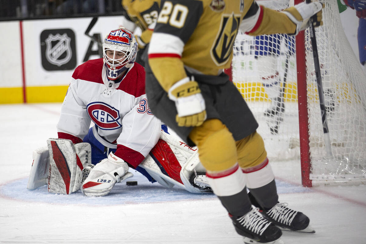 Canadiens goaltender Sam Montembeault (35) reacts after Golden Knights center Chandler Stephens ...