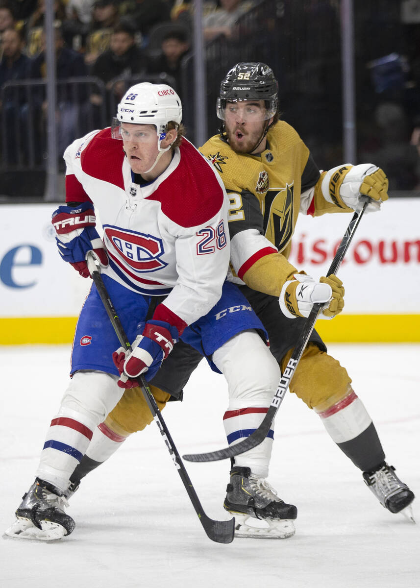 Canadiens defenseman Jeff Petry (26) looks to receive a pass while Golden Knights defenseman Dy ...