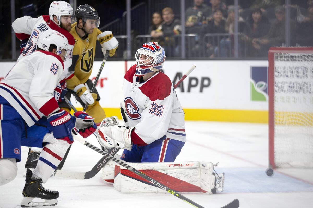 Canadiens goaltender Sam Montembeault (35) misses the save on a goal shot by Golden Knights cen ...