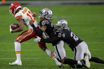 Las Vegas Raiders cornerback Damon Arnette (20) and Las Vegas Raiders strong safety Johnathan A ...