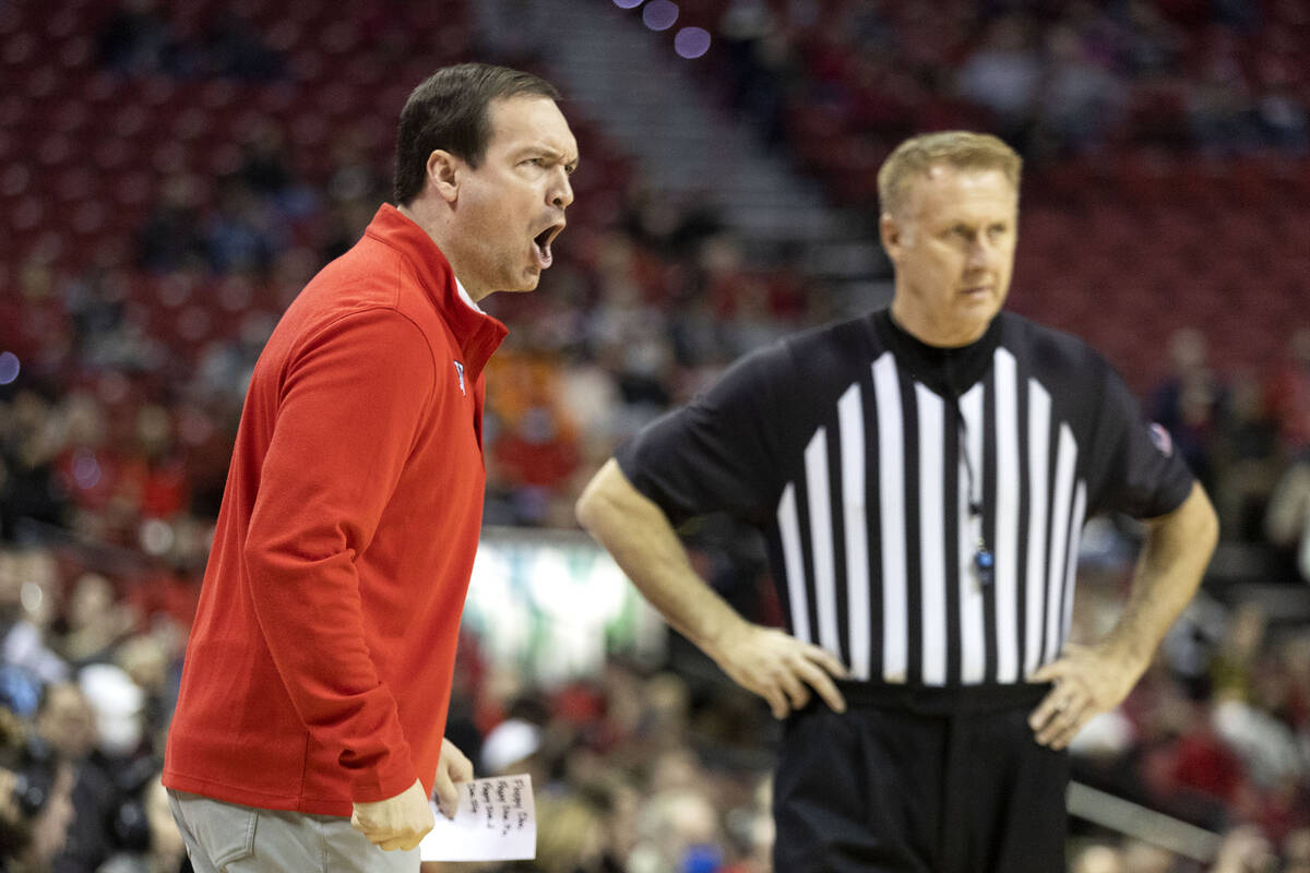 UNLV Rebels head coach Kevin Kruger shouts from the sidelines during the first half of an NCAA ...