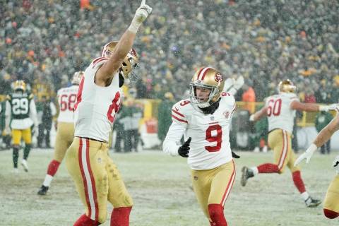 San Francisco 49ers' Robbie Gould celebrates after making the game-winning field goal during th ...