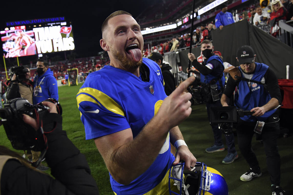 Los Angeles Rams kicker Matt Gay (8) celebrates as he leaves the field after the team defeated ...