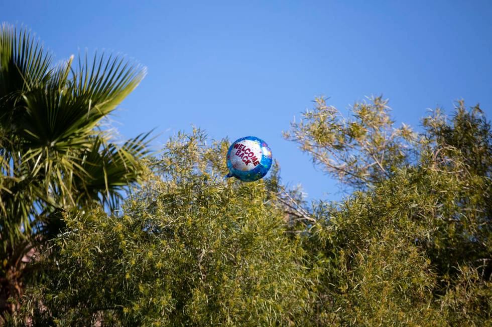 A stray balloon lingers in a tree after a large group welcomed Deedra Russell, who is returning ...