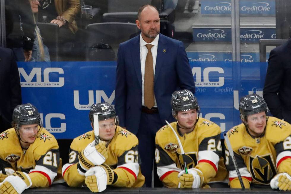 Golden Knights head coach Pete DeBoer watch his players during the third period of an NHL hocke ...