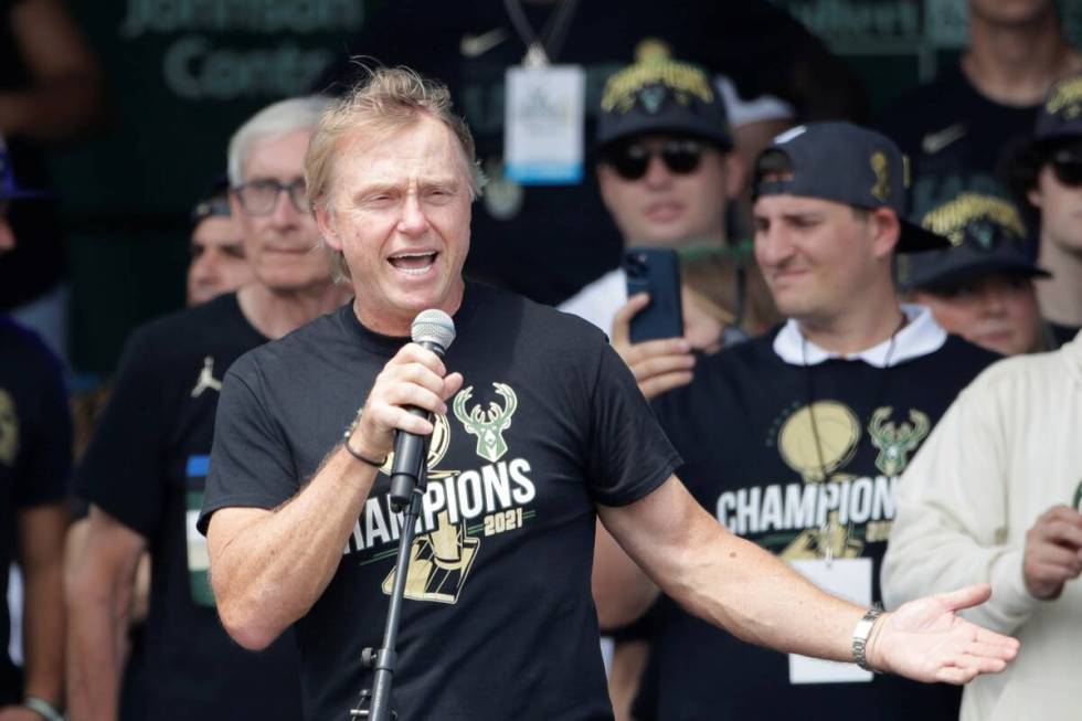 Milwaukee Bucks co-owner Wes Edens speaks to the crowd during a parade celebrating the Milwauke ...