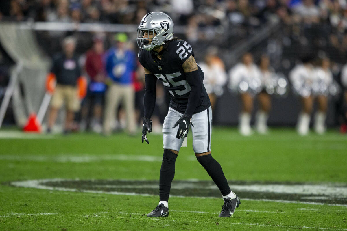 Raiders free safety Trevon Moehrig (25) gets in position during the second half of an NFL footb ...
