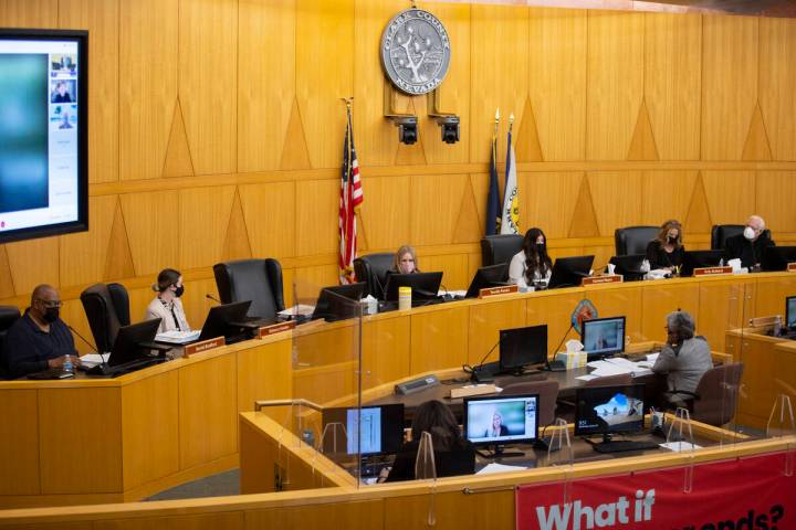 Committee members participate during a 1 October Memorial Committee at the Clark County Governm ...