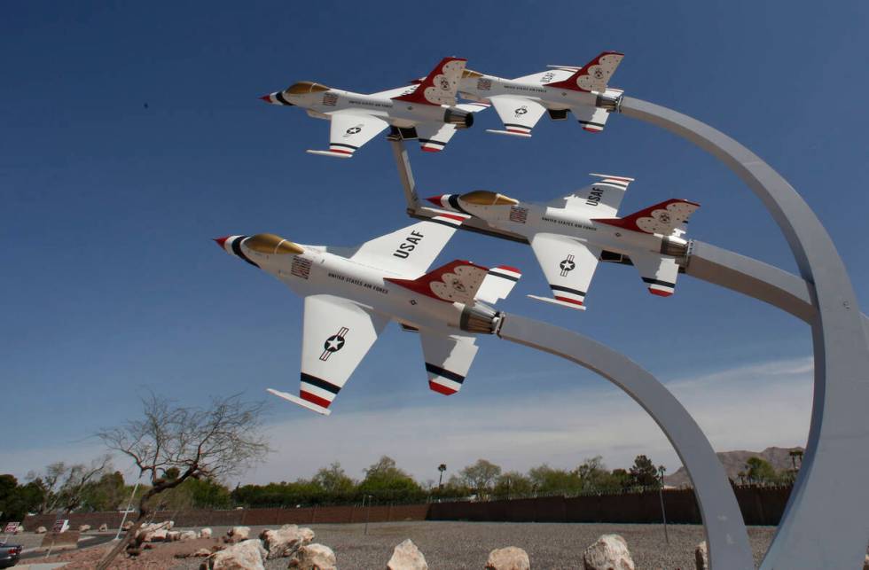 A display of U.S. Air Force Thunderbird jets near the main entrance checkpoint at Nellis Air Fo ...