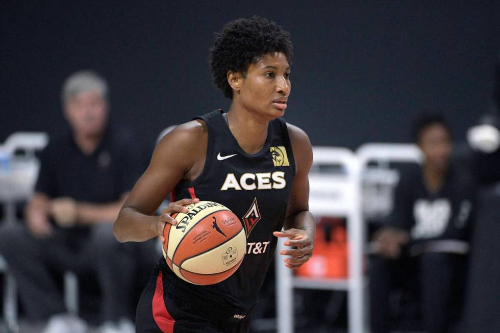 Las Vegas Aces forward Angel McCoughtry sets up a play during the first half of Game 5 of a WNB ...