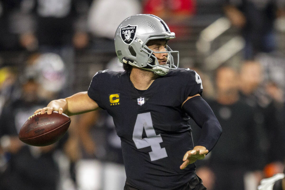 Raiders quarterback Derek Carr (4) throws the football during the first half of an NFL football ...