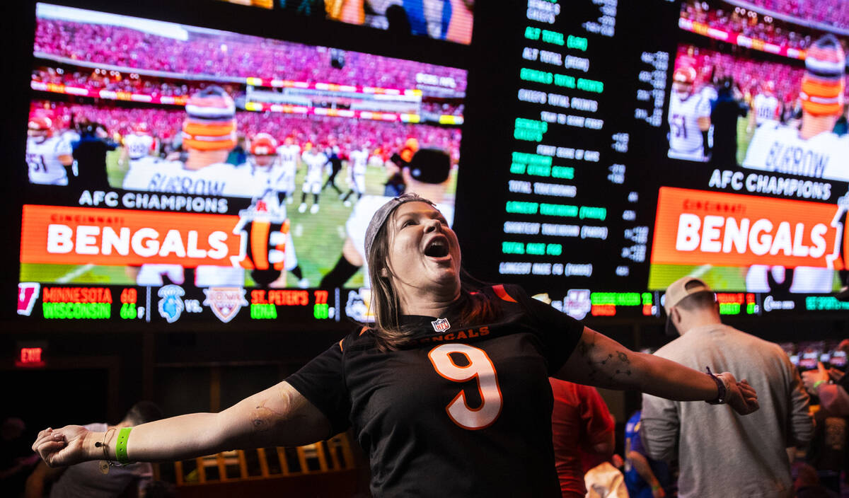 Bengals fan Steph Boyer, from Denver, Colo., cheers for Cincinnati during the AFC Championship ...