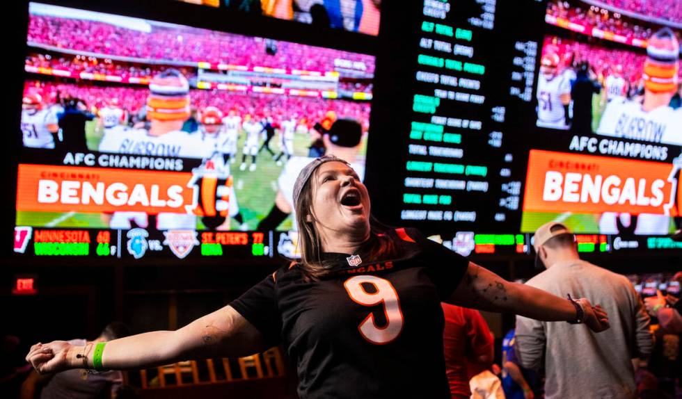 Bengals fan Steph Boyer, from Denver, Colo., cheers for Cincinnati during the AFC Championship ...