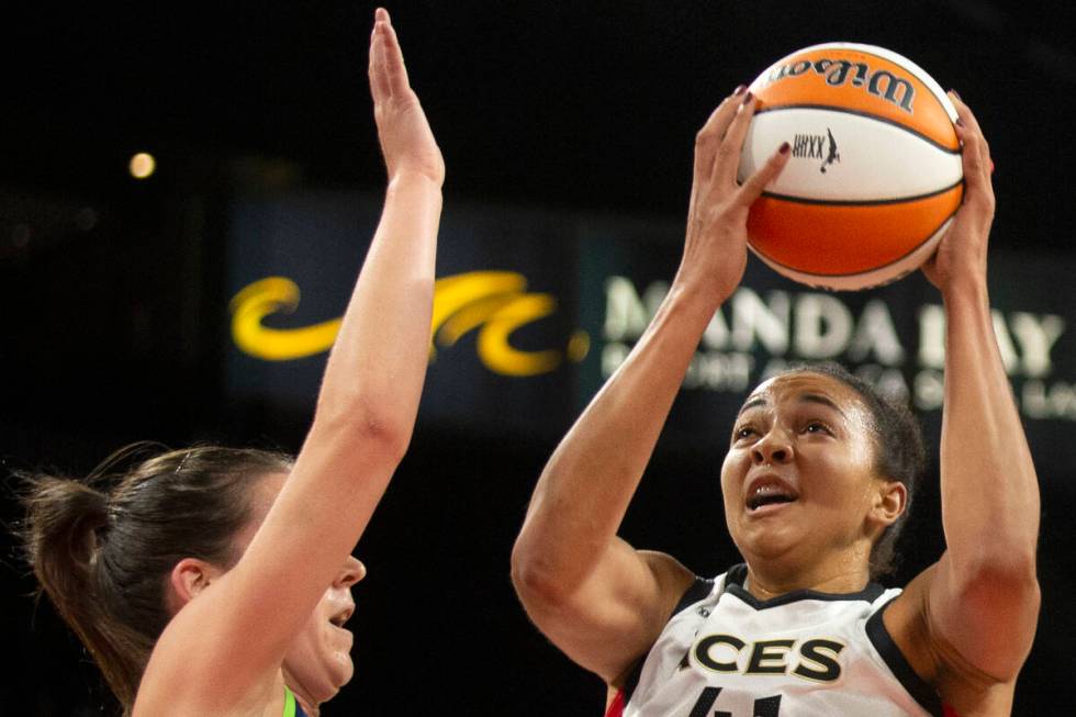 Las Vegas Aces center Kiah Stokes (41) snags the ball away from the Minnesota Lynx while Minnes ...