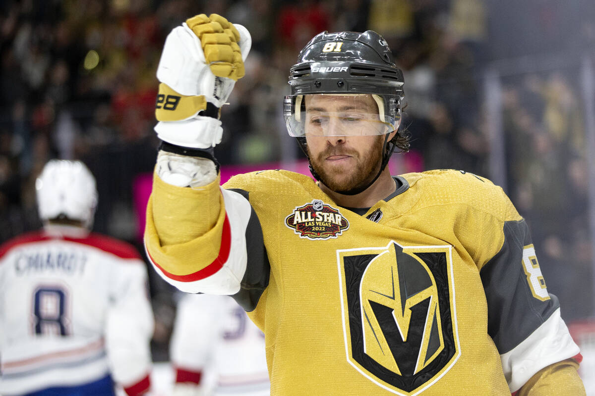 Golden Knights center Jonathan Marchessault (81) celebrates after scoring a goal against the Ca ...