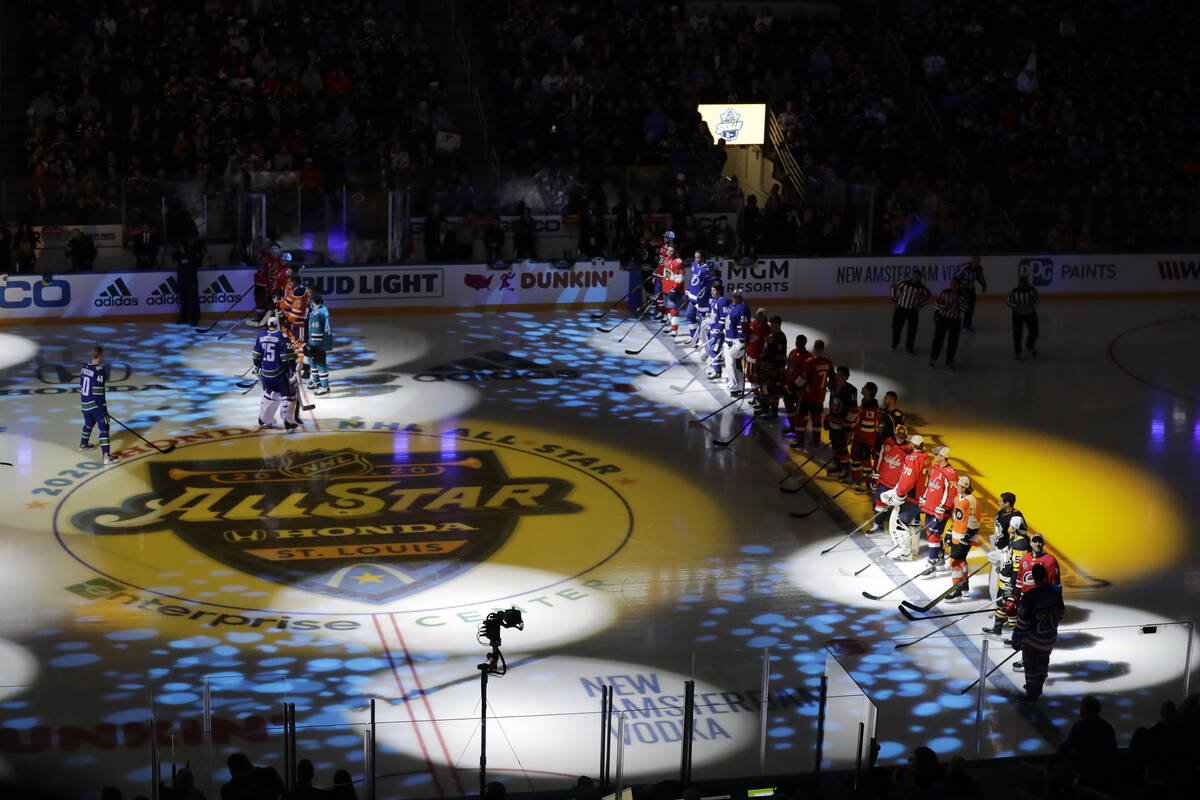 Hockey players are introduced before the Skills Competition, part of the NHL All-Star weekend, ...