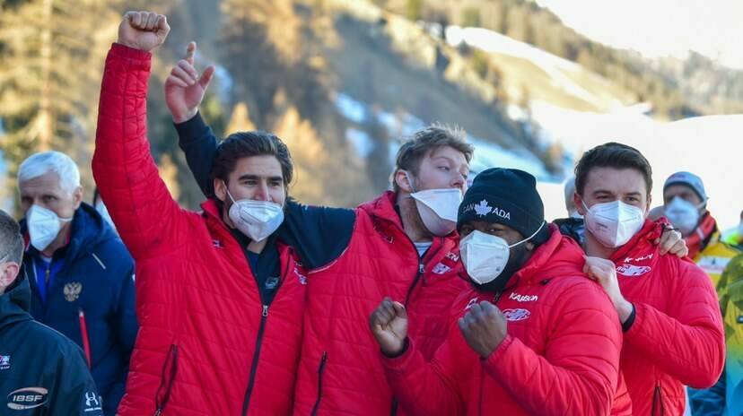 Former UNLV running back Shaquille Murray-Lawrence, third from left, and his Canadian bobsled t ...